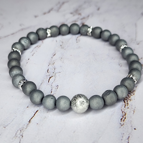 Silver Gemstone Druzy Agate Beaded Stretch Bracelet Smooth Matte rhinestone - Picture 8 of 9